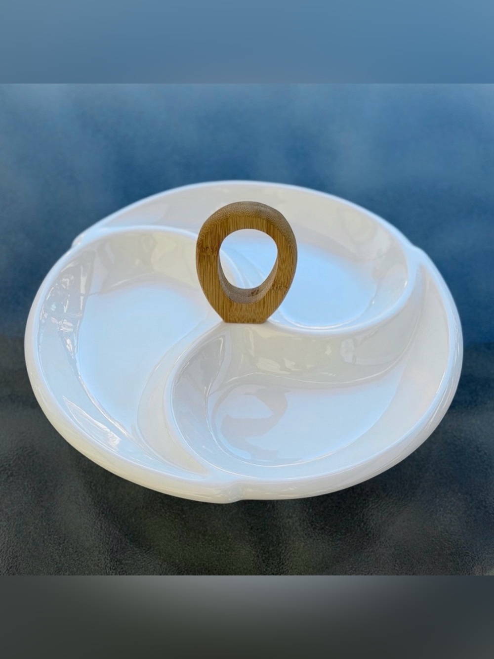 Brandani Porcelain Round Divided Serving Dish with a Bamboo Handle